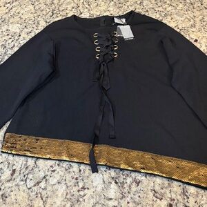 Chic Black Blouse with Gold Trim with Asymmetric Hem